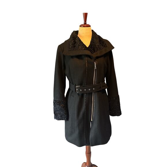 Guess Wool Blend Belted Coat XL Black Faux Fur Collar & Cuffs Winter Jacket - Picture 2 of 14
